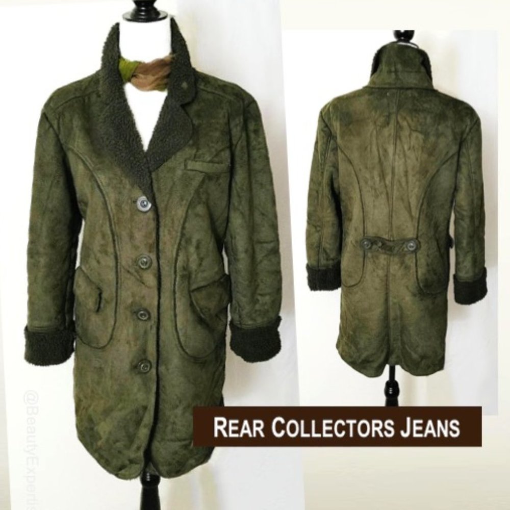 Winter Dark Green Coat Faux Suede Fleece Lined Button Folded Cuff Pockets Sz 46